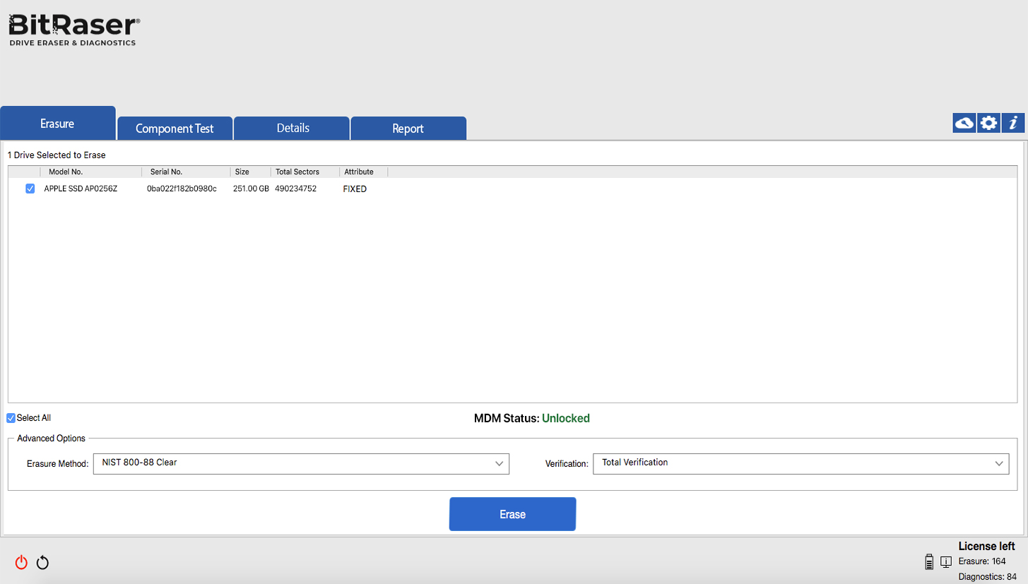 MDM-Status wird in der BitRaser-Benutzeroberfläche als Entsperrt angezeigt